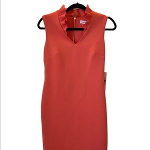 NWT Calvin Klein Size 4 Coral Sleeveless Scuba Sheath Dress with Ruffle Collar